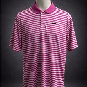 Nike Dri-FIT Golf Polo Mens L Pink White Striped Performance Shirt